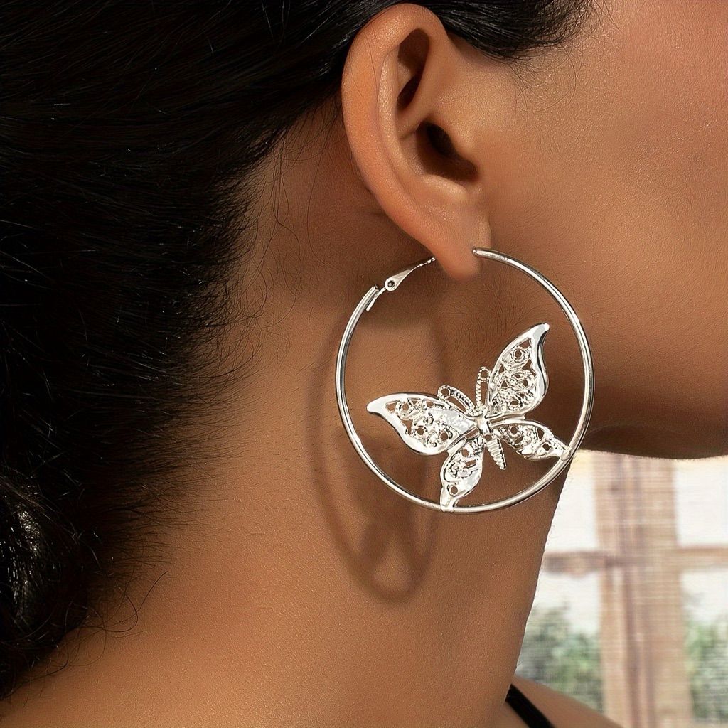 Silver Butterfly Hoop Earrings Set